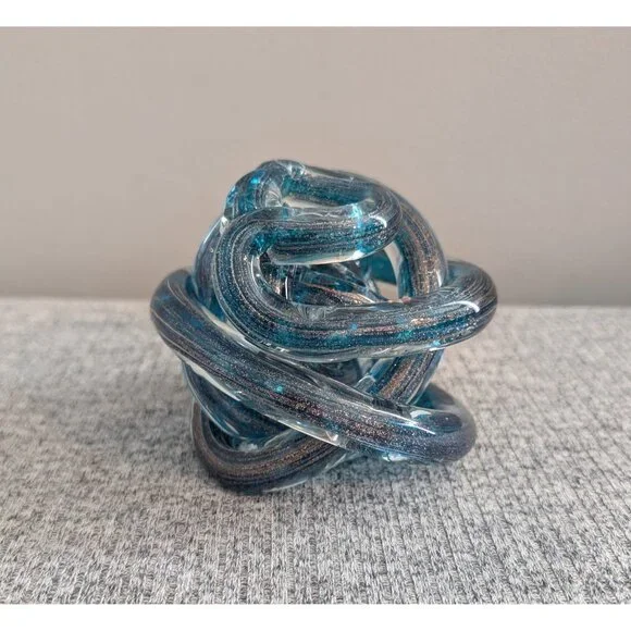 Art Glass Murano-Style Twisted/Infinity Knot Sculpture, Blue/Teal & Silver - Picture 2 of 4